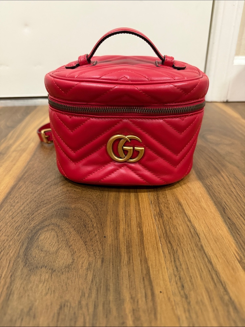 Gucci red Quilted Leather backpack with Gold GG